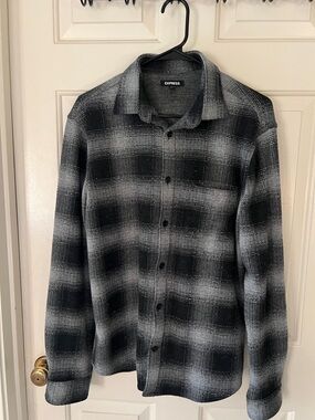 Express Black and Gray Plaid Button-Down Flannel Shirt